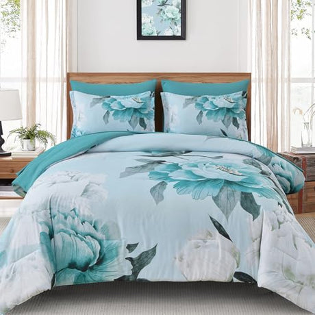 Dobuyly Floral Comforter Set Queen Size 7 Piece Bed in a Bag, Aqua Flowers Printed on Light Blue Comforter Set with Sheets, Soft Polyester Botanical Complete Bedding Set for All Season Dobuyly