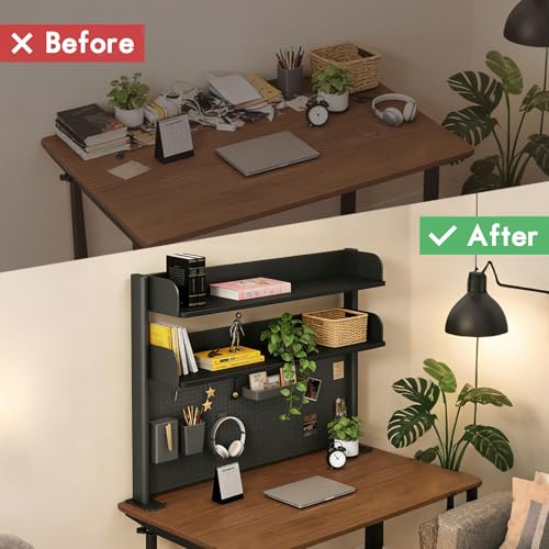 Clamp On Desk Shelf Organizer with Pegboard Desk Hutch Dorm with Storage Bookshelf Desk Top Organizer Shelf Multi-Purpose White & Black Desktop Shelves & Office Shelves (Black, W - 23.6") Lefedrasticity