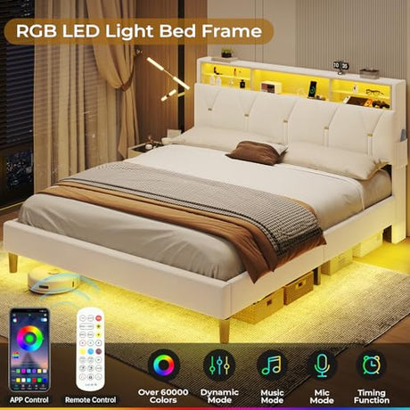 BTHFST Full Size Bed Frame with Headboard Storage & LED Lights, Platform Bed Frame Full Size with Charging Station, Velvet Upholstered Bed with Shelf Headboard, No Box Spring Needed, Creamy White BTHFST