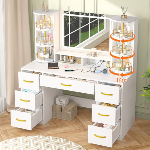Vanity Desk with Mirror and Lights, White Makeup Vanity Table with 360° Roating Shelves, Large Vanity Desk with 7 Drawers, Power Outlet, Dressing Table Set with Lighted Mirror Adjustable, for Bedroom Aiguazi