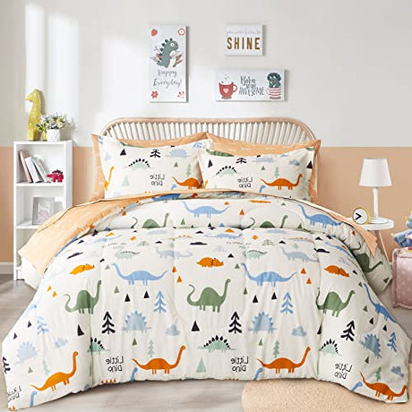Joyreap Bed in a Bag Cotton, Dinosaur Reversible Design, Twin Size 6-Piece Cotton Bedding Comforter Set for Kids Boys n Girls- 1 Comforter, 2 Pillow Shams, 1 Flat Sheet, 1 Fitted Sheet, 1 Pillowcase Joyreap