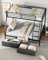 Mixcous Bunk Beds Twin Over Full Size, Heavy Duty Bunk Beds with 2 Storage Drawers, Safety Guardrails & Padded Ladder, Twin Over Full Bunk Bed, No Box Spring Needed, Black Mixcous