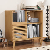 Furnify Record Player Stand with Power Outlet, Vinyl Record Storage Table Holds Up to 200 Albums, Mid-Century Turntable Stand with Slatted Doors for Living Room, Bedroom, Oak Furnify