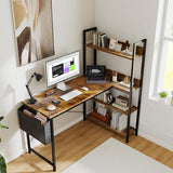 DUMOS L Shaped Desk Corner Computer Table 47 Inch, L-Shaped Gaming Desks with Storage Shelf Reversible, Wood Tables with Side Bag Adjustable Feet for 2 Monitors Small Space Home Office Bedroom, Brown DUMOS