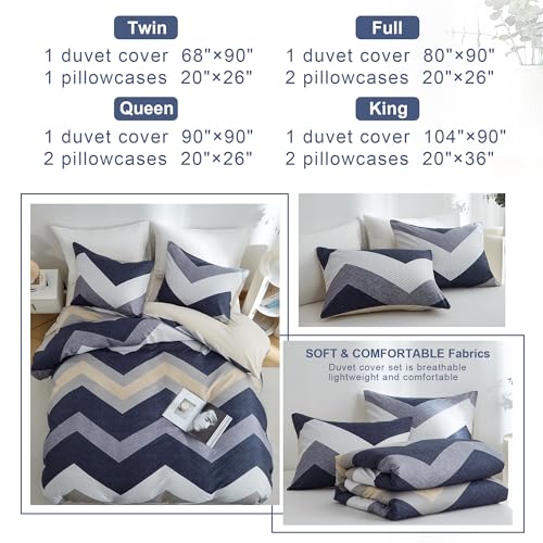 BOLINLIVING Wavy Striped Queen Duvet Cover Set, Blue Geometric Zipper Duvet Cover 104"x90" with 2 Pillow Sham 20"x36", 3 Pieces Soft Breathable Single Bedding Sets with 4 Corner Ties BOLINLIVING