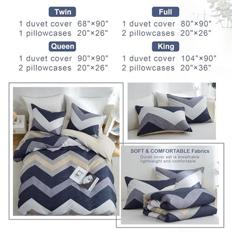 BOLINLIVING Wavy Striped Queen Duvet Cover Set, Blue Geometric Zipper Duvet Cover 104"x90" with 2 Pillow Sham 20"x36", 3 Pieces Soft Breathable Single Bedding Sets with 4 Corner Ties BOLINLIVING