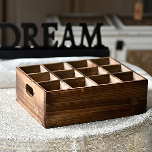 Sintosin Farmhouse Wooden Storage Crate for Decoration 13 x 10 inches, Rustic Beer Holder Box, Wood Crate Box for Crafts, Beverage Serving Caddy with Carrying Handles, 12 Individual Slots Sintosin