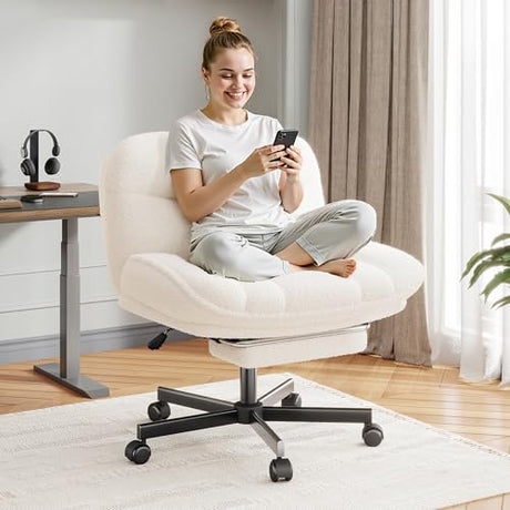 DurayLoly Cross Legged Office Chair with Foot Rest, 6.3" Thick Cushioned Criss Cross Chair with Wheels, Height Adjustable Swivel Vanity Chair for All-Day Comfort (White) DurayLoly