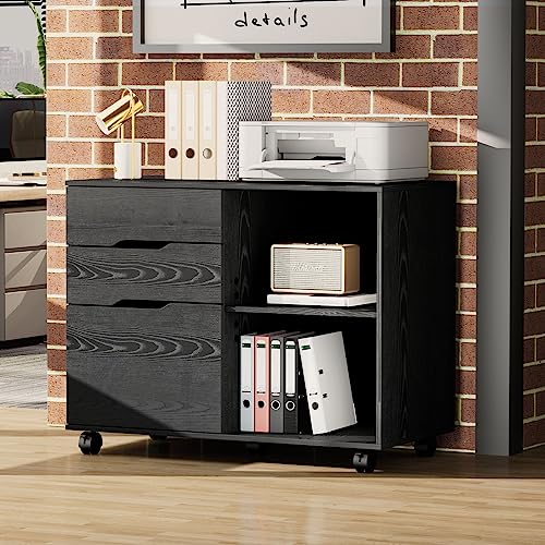 Sweetcrispy 3-Drawer File Cabinet, Lateral Mobile Filing Cabinet Wood Storage Organizer with Wheels, Printer Stand & Open Shelves for Home Office Under Desk Organization - Black - WoodArtSupply