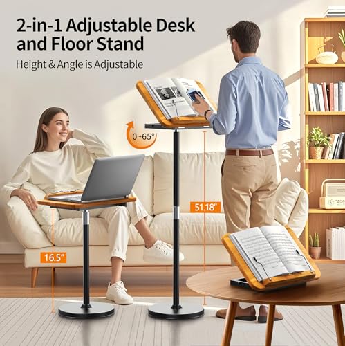 2 in 1 Dual-use Laptop Floor Stand & Laptop Stand for Desk, Solid Wood Portable Small Standing Desk with Adjustable Height from 16.5" to 51", Tall Portable Table for Office, Home, Study, Entertainment NAMON