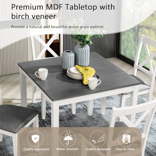 Augabam 5-Piece Dining Table Set for 4, Kitchen Dining Table with 4 Soft Cushioned Solid Wood Chairs, Ideal for Home or Restaurant Use.(Gray & White_Small) Augabam