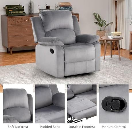 EBELLO Classic Manual Recliner Chair, Soft Microfiber Recliner Sofa with Overstuffed Arms and Back Single Reclining Couch for Living Room, Bedroom, Grey EBELLO