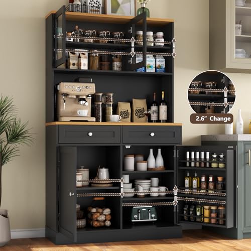 Tall Pantry Cabinet, Modern Kitchen Hutch with Microwave Stand, Kitchen Pantry Storage Cabinet with 2 Darwers & Door Shelf, Food Pantry with Glass Doors & Adjustable Shelves for Dining Room, Black Gyfimoie