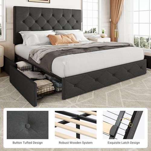 Allewie Upholstered Full Size Platform Bed Frame with 4 Storage Drawers and Headboard, Diamond Stitched Button Tufted, Mattress Foundation with Wooden Slats Support, No Box Spring Needed, Dark Grey Allewie