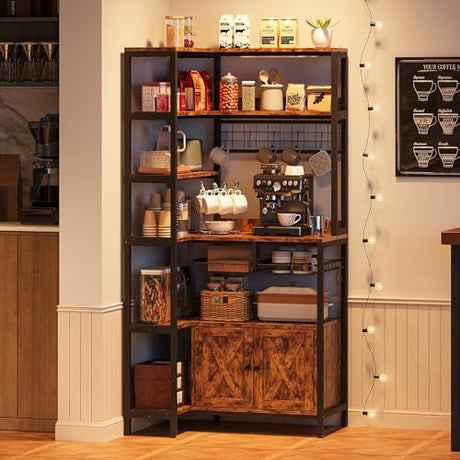 IRONCK Corner Bakers Rack with Power Outlet, Coffee Bar 6 Tier with Storage Cabinet, Vintage Industrial Microwave Stand with 6 Hooks, Kitchen Shelves with Wire Basket, Rustic Brown IRONCK