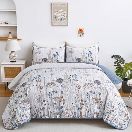 Dobuyly Blue Quilt California King Size Floral Botanical King Quilt Bedding Set 3 Pieces Soft Lightweight Microfiber Flower Bedspread Coverlet Set for All Season, 112"x96" Dobuyly