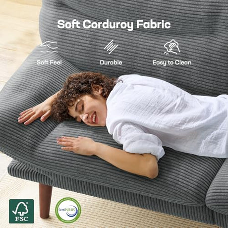 Marsail Futon Sofa Bed, 66” Futon Couch with Adjustable Backrest & Armrests, Convertible Small Sleeper Sofa Bed for Small Apartments, Study Room, Office, Corduroy Loveseat, Grey Marsail