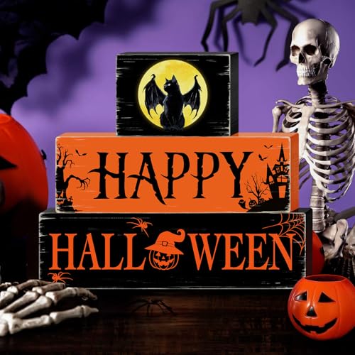 Halloween Black Cat Wooden Table Signs 3 Layered, Happy Halloween Sign Decorations, Spooky Wooden Ornaments Rustic Wooden Blocks Tabletop Decor for Home Tiered Tray Table Shelf Decor CIOEY