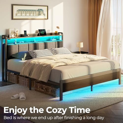Rolanstar Bed Frame King Size with Charging Station and LED Lights, Upholstered Headboard with Storage Shelves, Heavy Duty Metal Slats, No Box Spring Need, Noise Free, Easy Assembly, Dark Grey Rolanstar