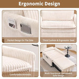 Majnesvon Modern Corduroy Fabric Sofa Bed Futon,3 in 1 Convertible Pullout Sleeper Couches with 3 Reclining Backrests,Small Sofa Chair Bed for Living Room Bedroom (White) Majnesvon