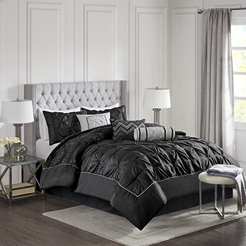 Madison Park Laurel Queen Size Bed Comforter Set Bed In A Bag - Black , Wrinkle Tufted Pleated – 7 Pieces Bedding Sets – Faux Silk Bedroom Comforters Madison Park