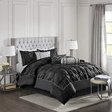 Madison Park Laurel Queen Size Bed Comforter Set Bed In A Bag - Black , Wrinkle Tufted Pleated – 7 Pieces Bedding Sets – Faux Silk Bedroom Comforters Madison Park