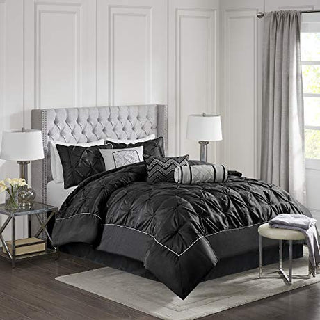 Madison Park Laurel Queen Size Bed Comforter Set Bed In A Bag - Black , Wrinkle Tufted Pleated – 7 Pieces Bedding Sets – Faux Silk Bedroom Comforters Madison Park