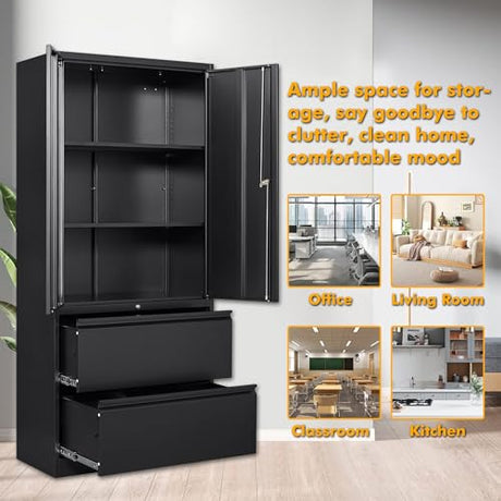 STANI 2 Drawer Lateral File Cabinet - Metal Storage Cabinet with Locking Drawers for Letter/A4 Size Files (Black) STANI