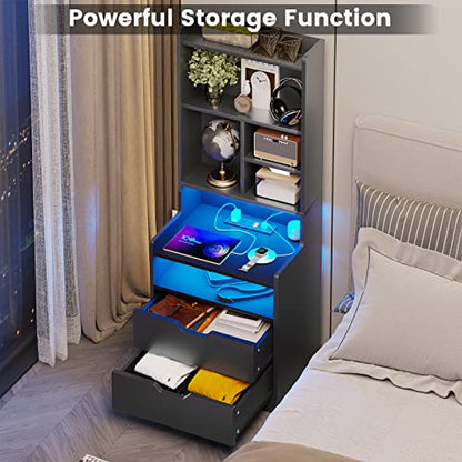 BTHFST Tall Black LED Bedside Nightstand with Charging Station, Shelves, and Drawers - WoodArtSupply