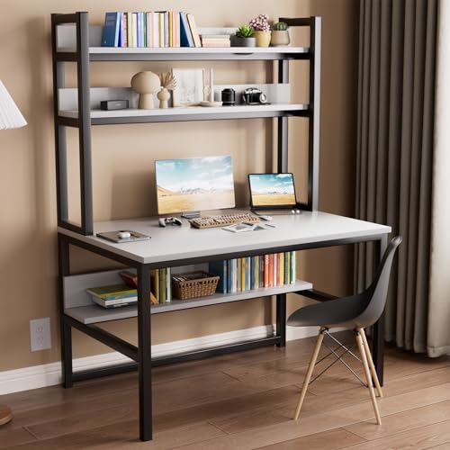 Aquzee 47 Inch White Computer Desk with Hutch and 3-Tier Bookshelf for Home Office Aquzee
