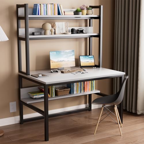 Aquzee 47 Inch White Computer Desk with Hutch and 3-Tier Bookshelf for Home Office - WoodArtSupply