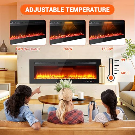 Takywep Electric Fireplace, 60 Inches, 5120 BTU Heat Output, 12 Flame Color, Black, Wall-Mounted or Recessed, Timer, Quiet Operation, Multicolor Flame, Faux Logs, Crystal Stones Takywep