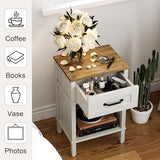 YAUKTAK White Farmhouse Nightstand with Drawer, Small Wooden Bedside Table, White End Table, Bedroom Side Table with Storage, Rustic Wood Night Stand LET512WR YAUKTAK