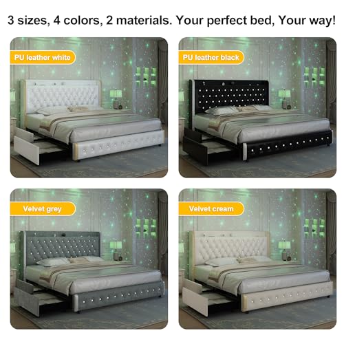 GEGOFORU Full Wingback Modern Platform Bed with Galaxy Projector, 4 Dust-Proof Storage Drawers, LED Bed Frame, USB Ports, No Box Spring Needed & Noise-Reduction Sturdy Wood Slats, Velvet Cream GEGOFORU