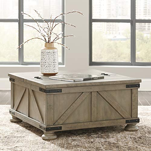 Signature Design by Ashley Aldwin Farmhouse Square Coffee Table with Lift Top for Storage, Grayish Brown, 36 in x 36 in x 18 in - WoodArtSupply