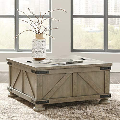 Signature Design by Ashley Aldwin Farmhouse Square Coffee Table with Lift Top for Storage, Grayish Brown, 36 in x 36 in x 18 in - WoodArtSupply