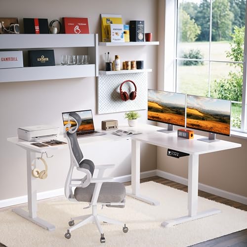 Shahoo L-Shaped Electric Standing Desk, 63 x 55 Inches Height Adjustable Coner Table, Home Office Computer Workstation, White, 63 x 55 Inch Shahoo