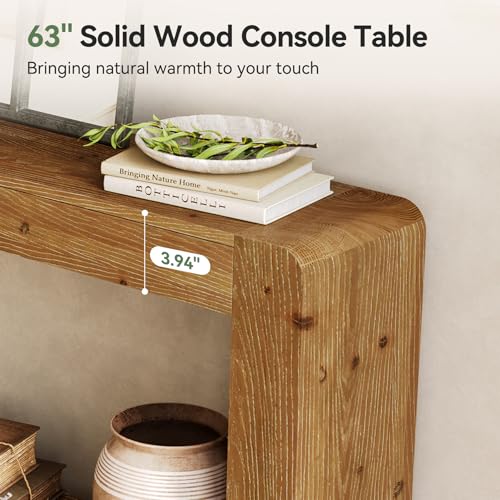 TRIBEWOOD Solid Wood Console Table with Storage, 63-Inch Farmhouse Entryway Table, 2-Tier Narrow Sofa Console Behind Couch, for Living Room, Hallway, Foyer, Rustic Brown TRIBEWOOD