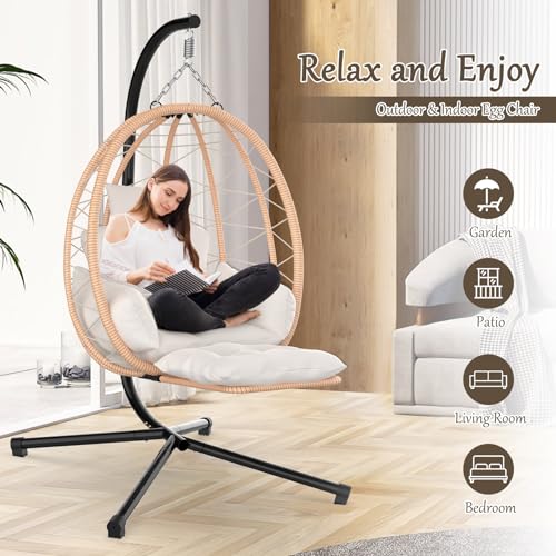 Slendor Egg Chair with Stand & Leg Rest, Rattan Wicker Swing Chair with UV Resistant Cushion and Pillow, for Indoor Outdoor Bedroom Patio Hanging Basket Chair 370lbs Capacity