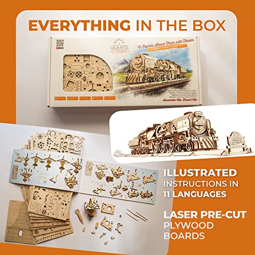 UGEARS 3D Puzzles for Adults - V-Express Steam Train with Tender Idea- 3D Wooden Puzzle Model Kits for Adults and Teens Building Kit Wooden Model Kits UGEARS