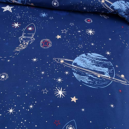Kids Galaxy Fitted Sheet Boys Girls Outer Space Universe Planet Bed Sheet Set King Size for Children Bedroom Ultra Soft Space Rocket Starry Sky Bedding Set Blue Stars Bed Cover with 2 Pillow Case Feelyou