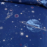 Kids Galaxy Fitted Sheet Boys Girls Outer Space Universe Planet Bed Sheet Set King Size for Children Bedroom Ultra Soft Space Rocket Starry Sky Bedding Set Blue Stars Bed Cover with 2 Pillow Case Feelyou