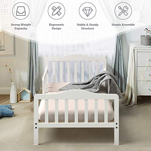 Costzon Toddler Bed, Classic Wood Kids Bed Frame w/Double Safety Guardrail, Low to Floor Design, Wooden Slat Support, Fits Full Size Crib Mattress, Bedroom Furniture for Boys & Girls (White) - WoodArtSupply