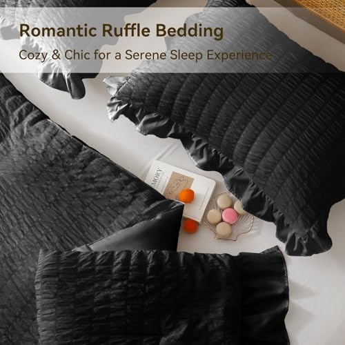 JOLLYVOGUE Black Queen Comforter Set, 3 Pieces Seersucker Comforters Queen Size, Lightweight & Fluffy Bedding Sets Queen for All Season with 1 Ruffle Comforter and 2 Ruffle Pillowshams JOLLYVOGUE
