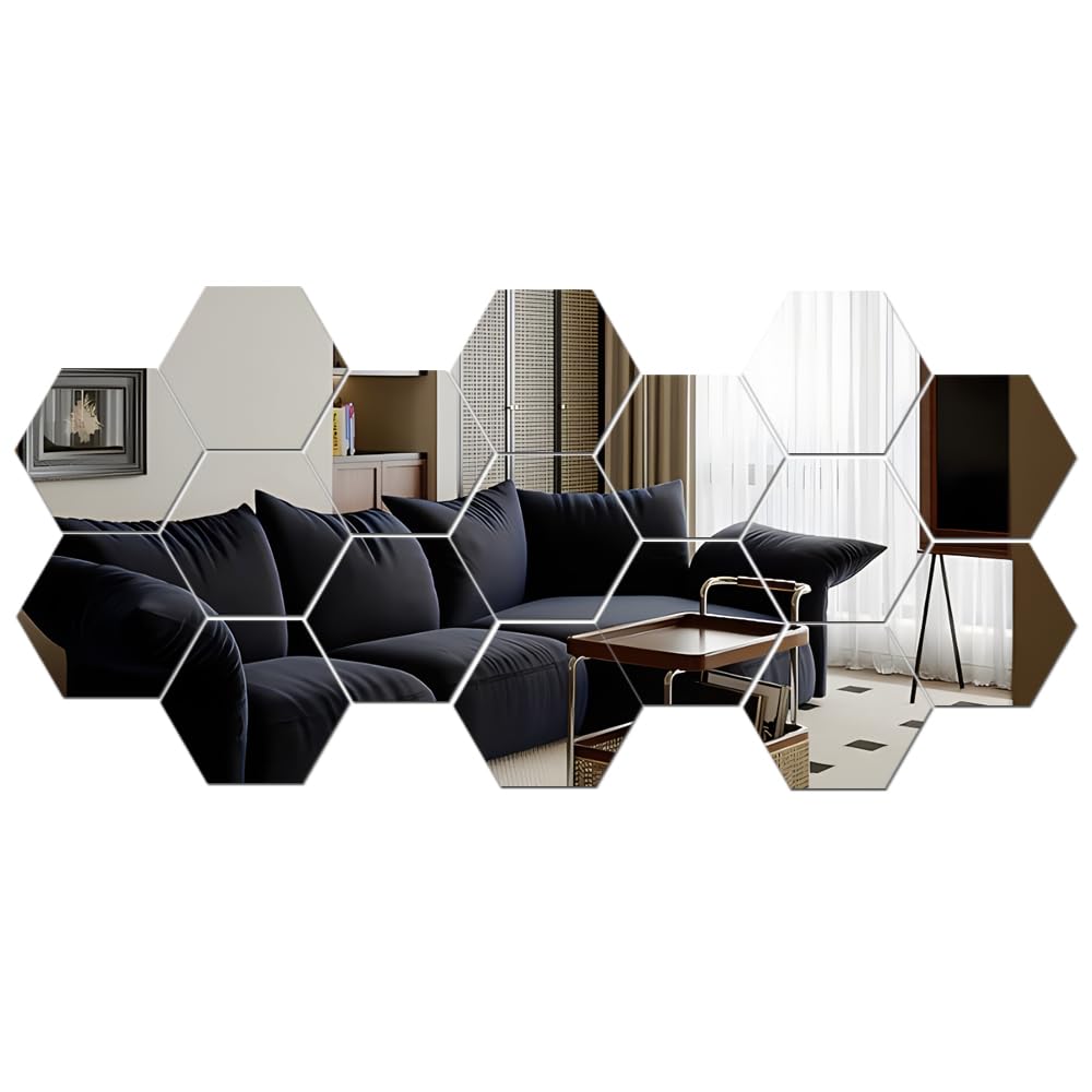 Mirror Wall Stickers, 12PCS Hexagon Mirror Art DIY Home Decorative Hexagonal Acrylic Wall Sheet Plastic Tiles Home Living Room Bedroom Sofa TV Background Wall Decal Decoration (Silver) MCLEULLA
