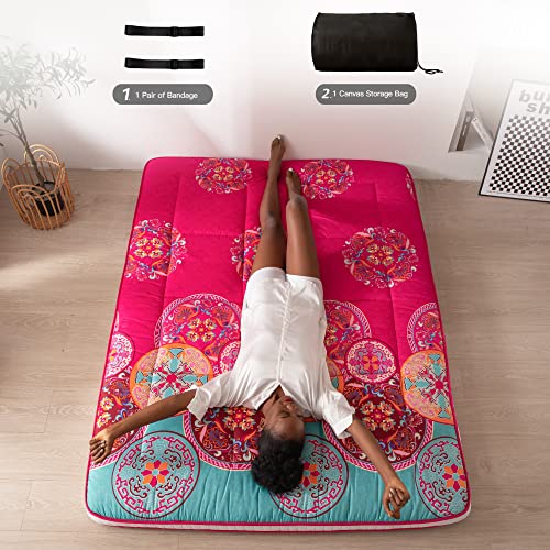 MAXYOYO Bohemian Style Futon Mattress, Padded Japanese Floor Mattress Quilted Bed Mattress Topper, Extra Thick Folding Sleeping Pad Breathable Floor Lounger Guest Bed for Camping Couch, Red, Full MAXYOYO