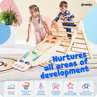 GROWGO Pikler Triangle Climber with Ramp - Toddler Climbing Toys Indoor Montessori Climbing Toy Set Pickle Triangle Montessori, Baby Climbing Toys Indoor, Pickler Set Wooden Play Gym, Kids Climbers