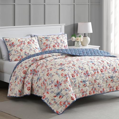 Martha Stewart King Size Quilt Bedding Set - 3 Piece, Soft Washed Microfiber, Printed Bedspread, Reversible, All Season, 1 Quilt, 2 King Pillow Shams, Blue, White & Red, Painted Floral Print Martha Stewart