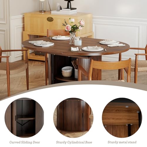 VICBARLEY Oval Extendable Dining Table with Storage,59" Storage Kitchen Table for 4-8 People with Curved Sliding Door Fluted Wood Coffee Table Thickened Tabletop for Dining Room/Kitchen,Brown VICBARLEY