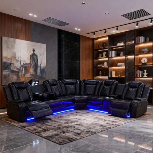 Saxum Tegmen Power Recliner Sofa Set, Living Room Furniture Sets, Leather Sectional Sofa Set with LED Lights, Cup Holders, Storage Console for Living Room/Home Theater (Black)